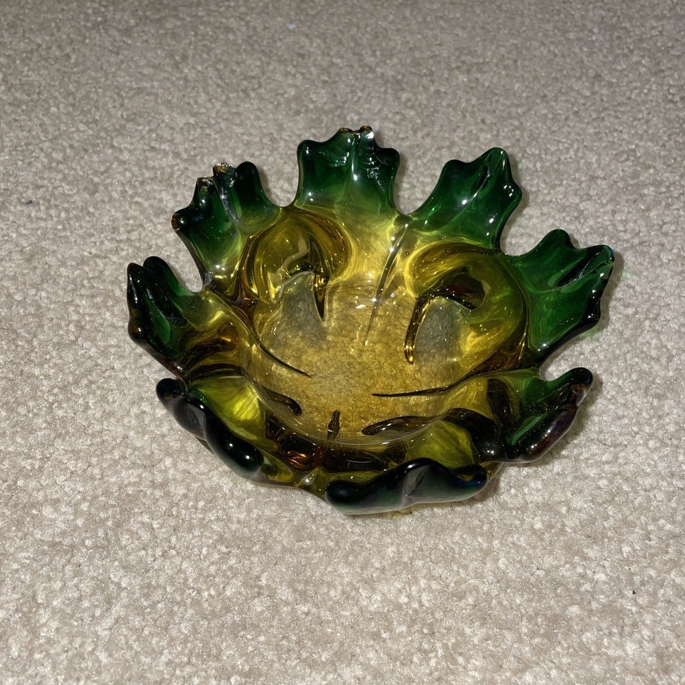 Vintage Murano Style Art Glass Bowl Amber Green Scalloped Ruffle Edge Ashtray